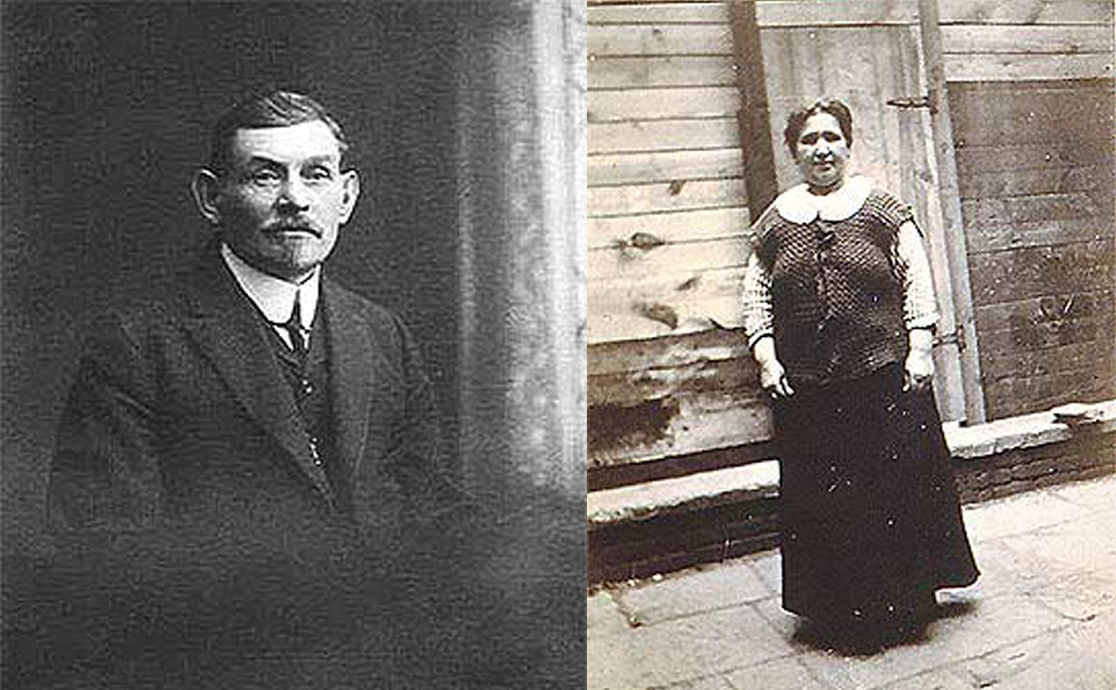 Side by side, black and white portraits of Abe Rogarshevsky on the left and Fannie Rogarshevsky standing in front of a door on the right