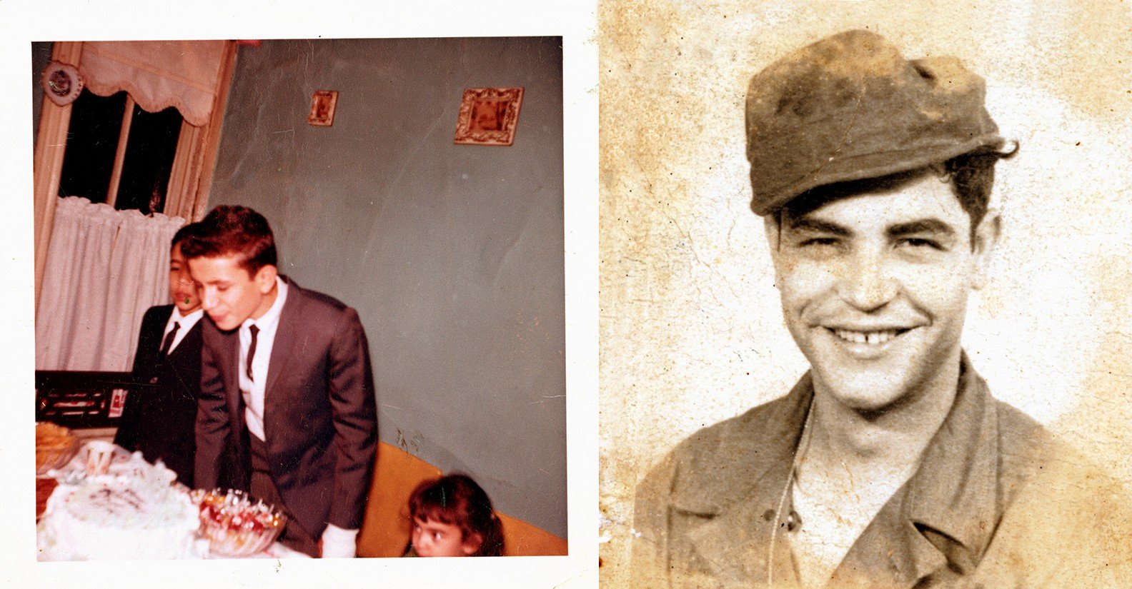 Two photos. (Left) Jose Velez blows out the candles on his birthday cake. (Right) A headshot of a smiling Andy Velez in military attire