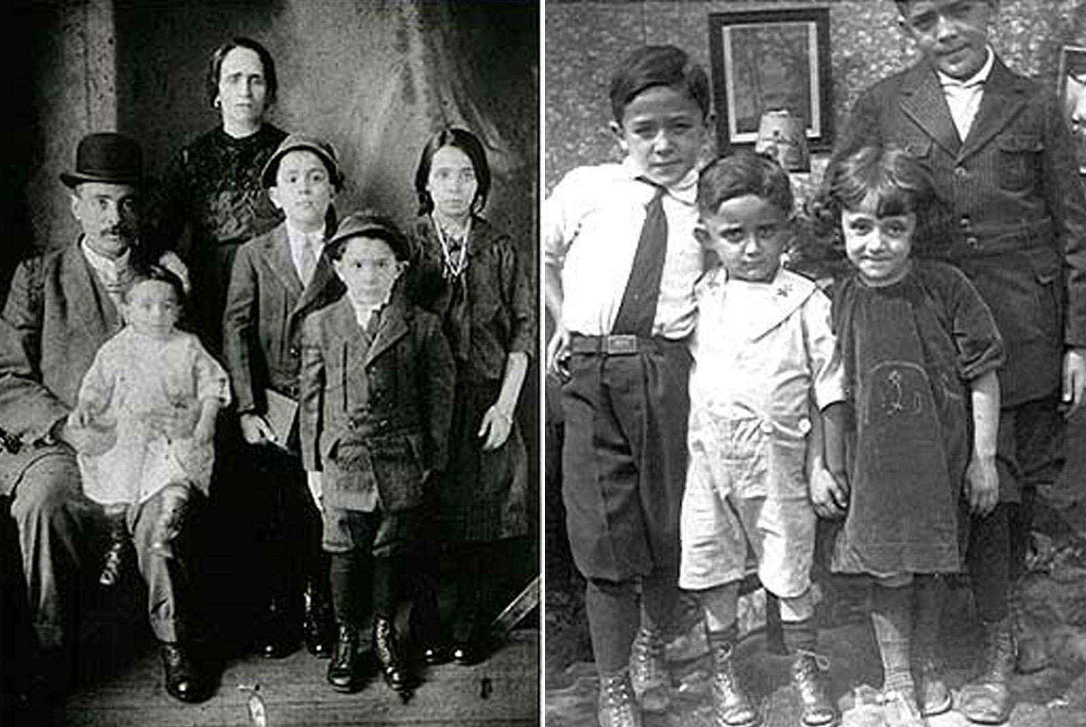 2 black and white portraits. (Left) 6 members of the Confino family, 2 adults and 4 children. (Right) 4 young children.