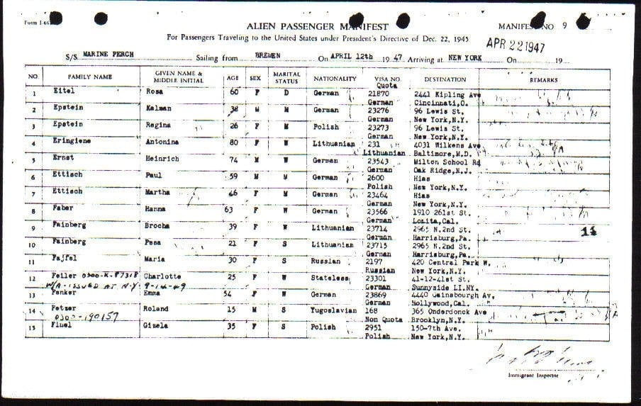 1947 ship manifest showing Kalman and Regina Epstein aboard the "S.S Marine Perch" arriving from Bremen, Germany