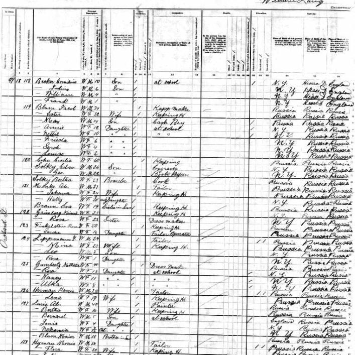 Scan of a handwritten 1880s census record with Nathalie Gumpertz' information