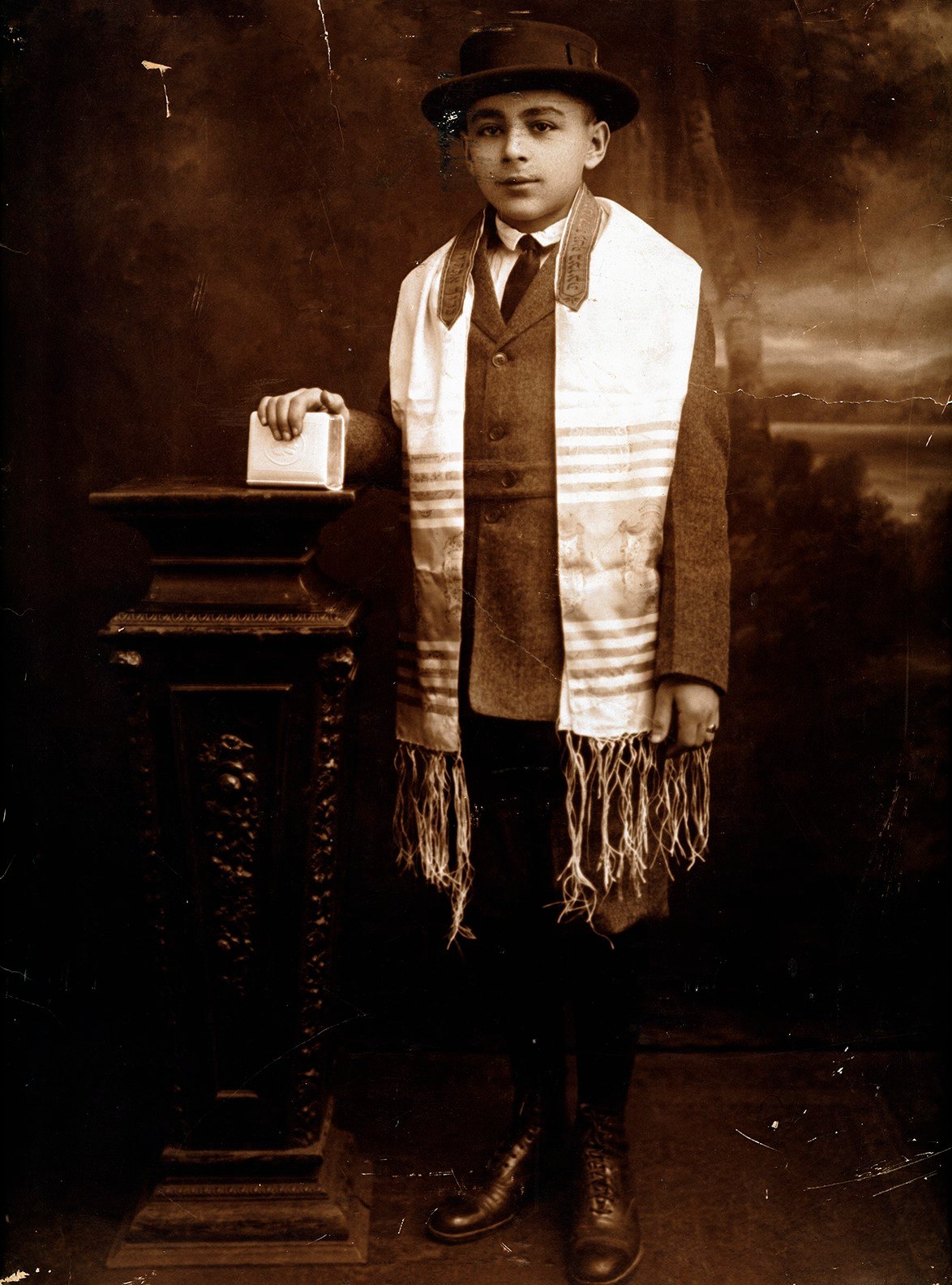 Portrait of a young Max Marcus, a 97 Orchard resident, dressed in formal attire for his Bar Mitzvah