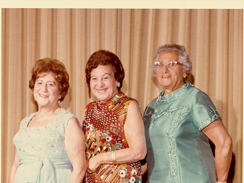 Color portrait of 3 of the Levine children all grown up in the 1970s - each with dresses and short hair