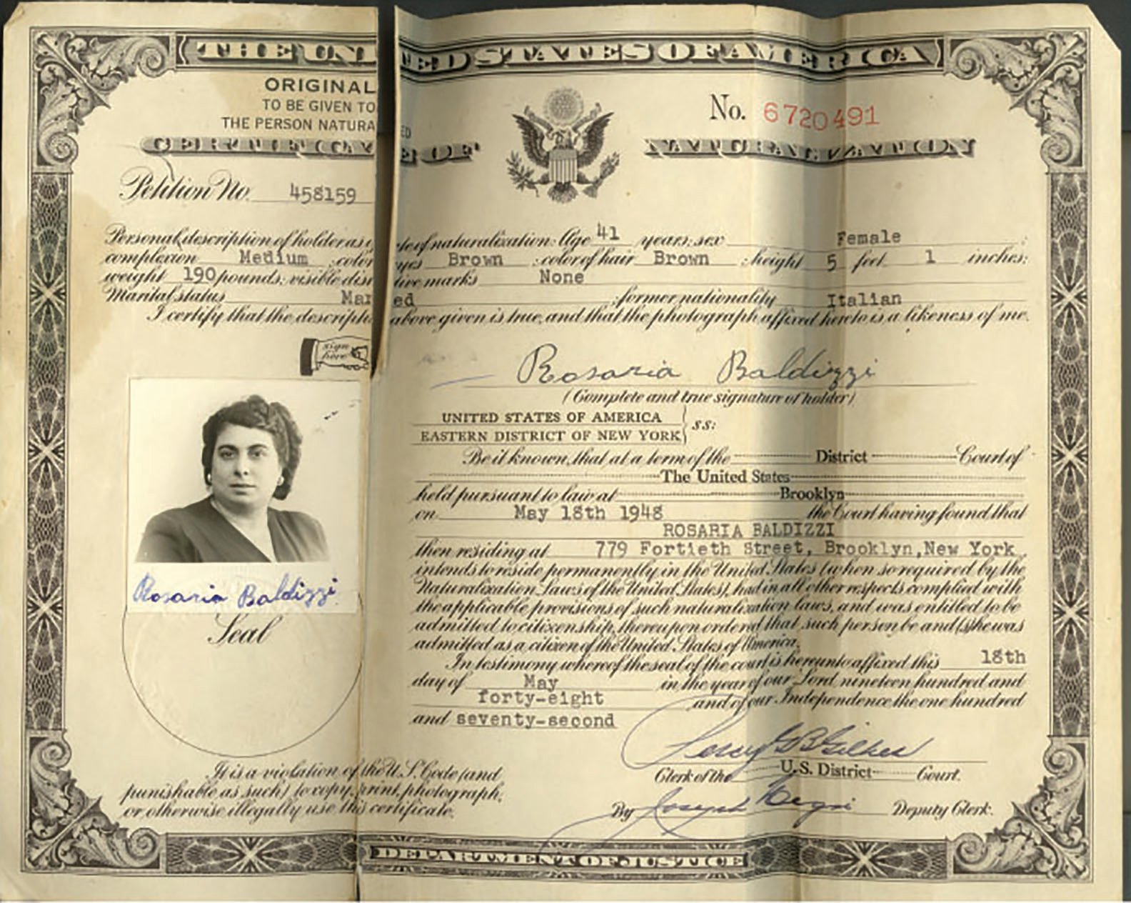 Rosaria Baldizzi's citizenship papers