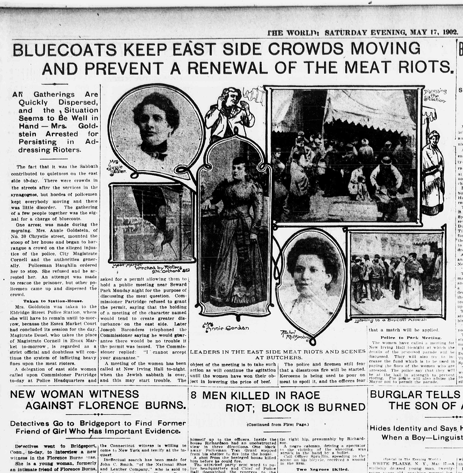 "May 1902" front-page newspaper article about the Kosher Meat Boycott with pictures of Jewish female leaders of the "Riots and Scenes at Butchers"