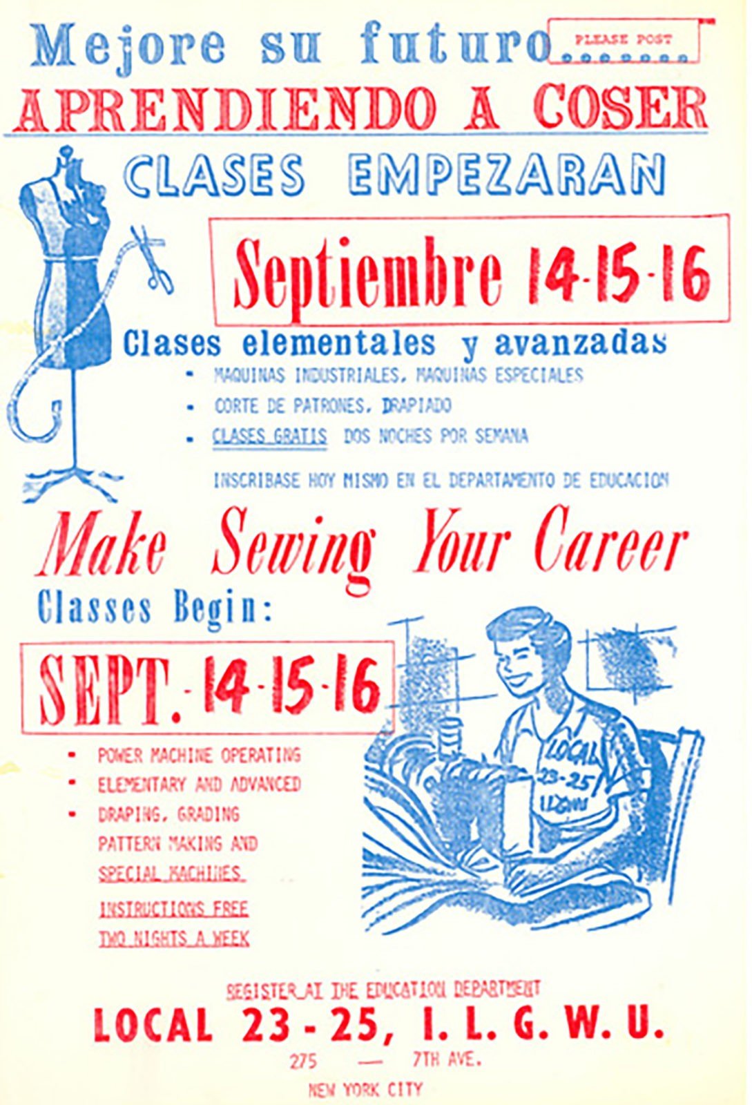 International Ladies Garment Workers Union poster in English and Spanish advertising weekly beginner and advanced sewing classes