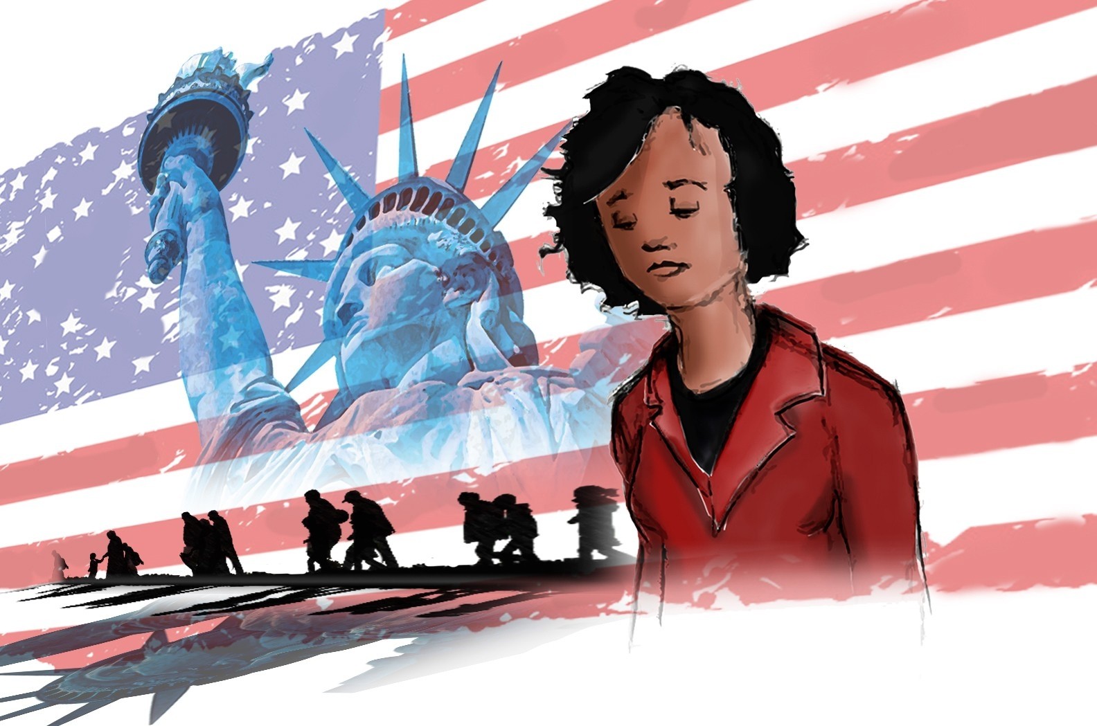 Drawing of a woman with medium-brown skin tone in front of an American flag, the Statue of Liberty, and the silhouettes of refugees
