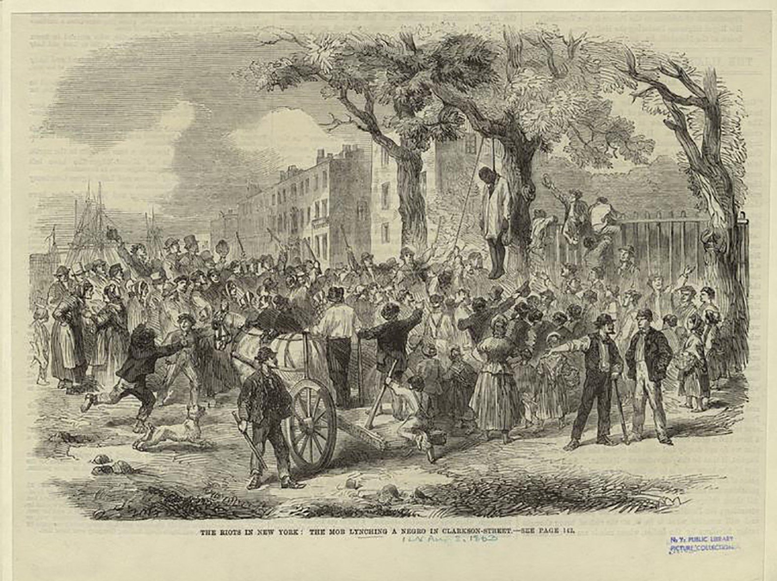 Newspaper drawing of mob lynching a Black man during the draft riots in Lower Manhattan