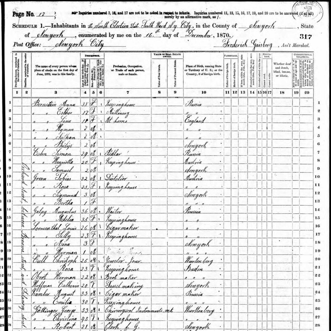 Page 17 from a 1870 New York City census document listing resident names and other information, such as occupation, race, sex, and age