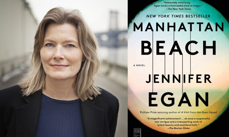Collage with two images. (Left) Jennifer Egan in dark blouse and jacket. (Right) Cover of her book "Manhattan Beach"