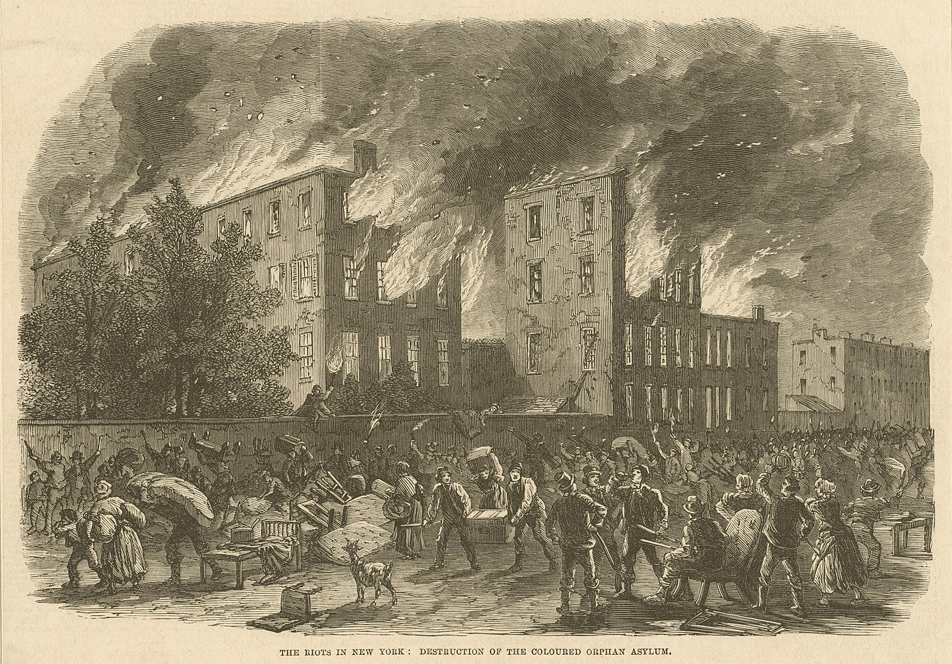 The Riots In New York: Destruction of the Colored Orphan Asylum drawing