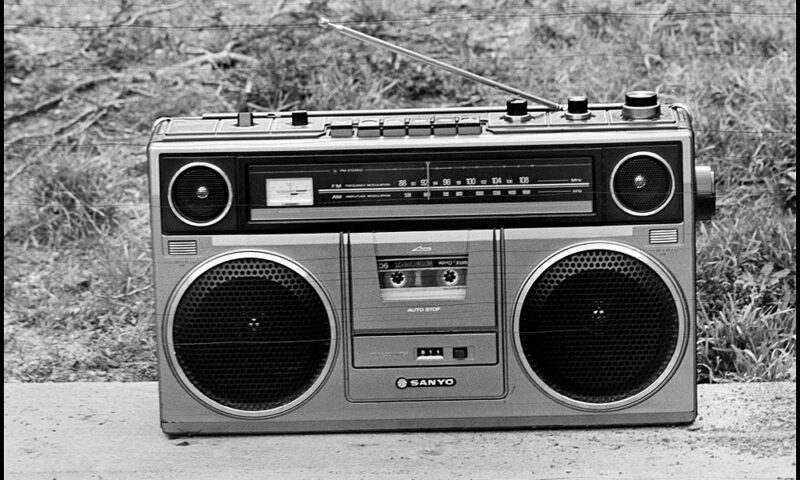 black and white photo of a boombox