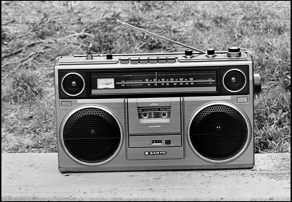 black and white photo of a boombox