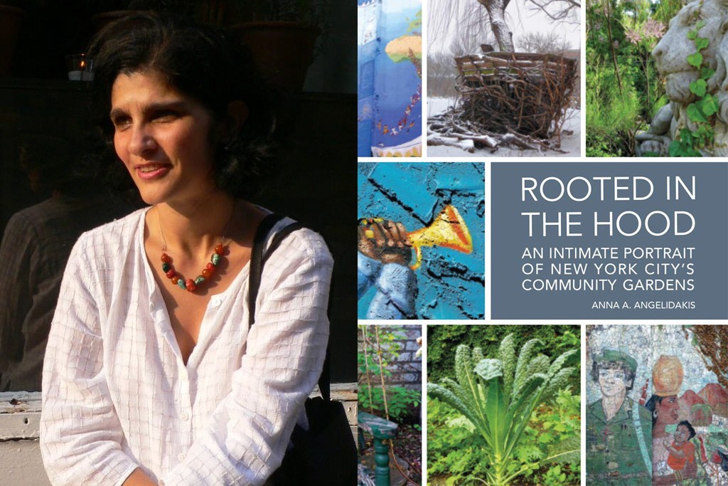 Collage with two images. (Left) Anita Angelikas in a white shirt. (Right) Cover of her book "Rooted in the Hood".
