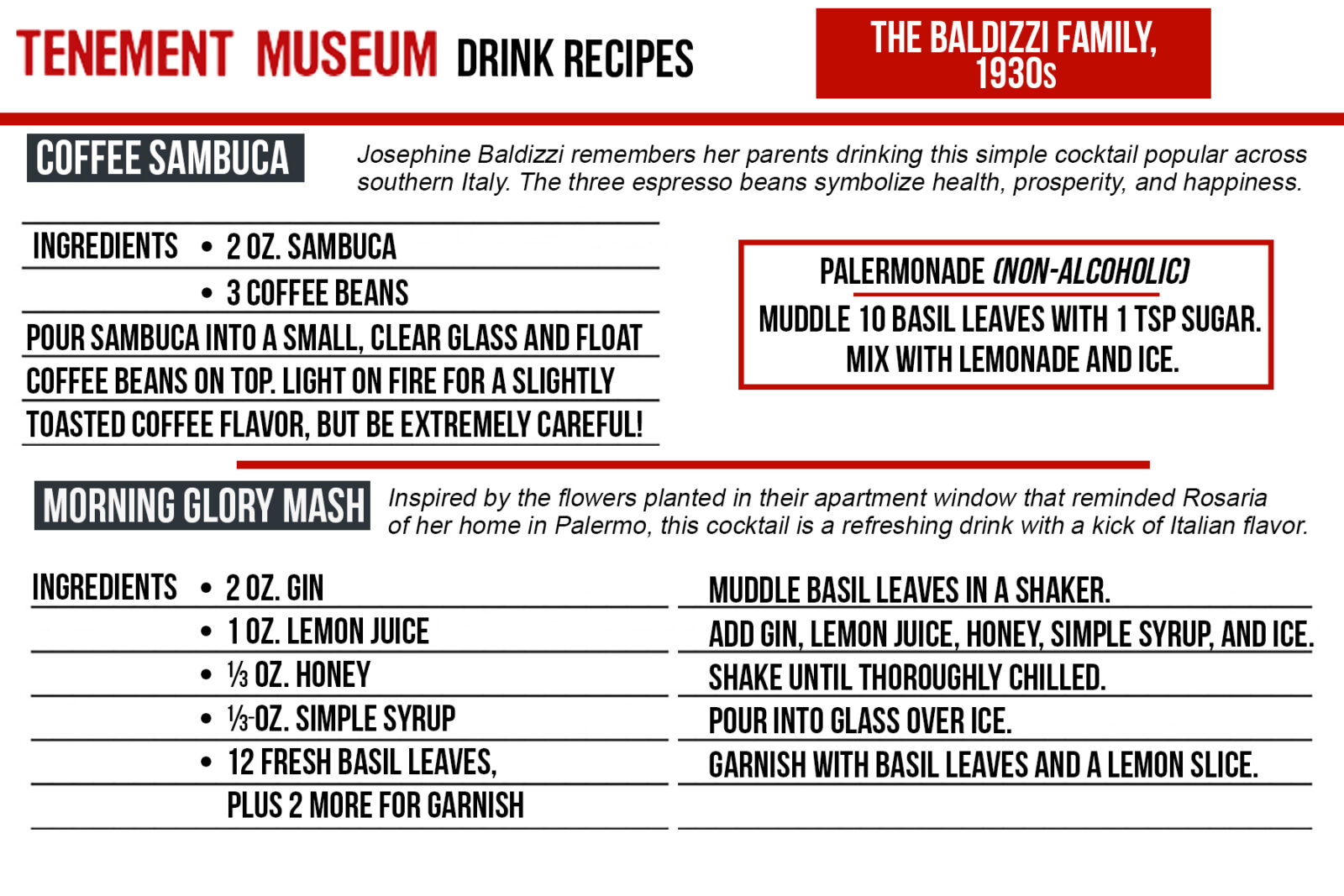 The Baldizzi Family, Drink Recipe, Tenement Museum Drink Recipes