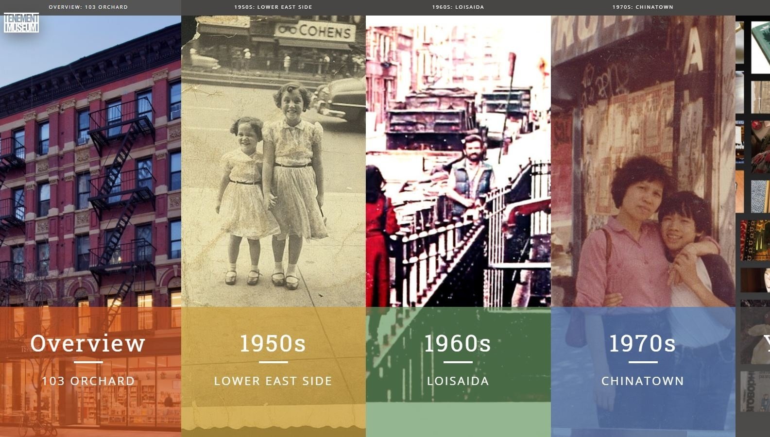 Graphic for 103 Orchard Street website with a sectioned collage of pictures from the 1950s, 60s, and 70s