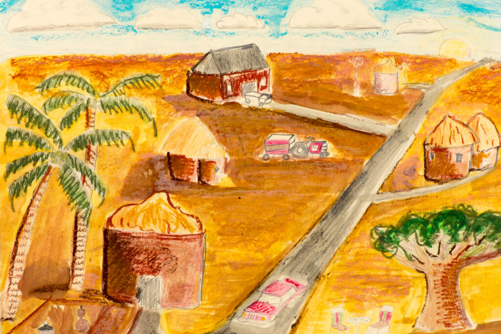 Illustration of farmland and road with buildings