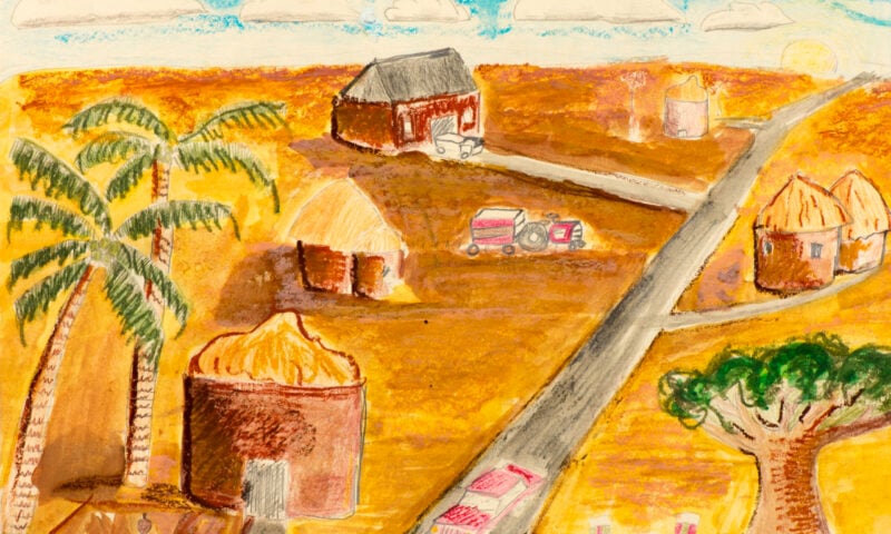 Illustration of farmland and road with buildings