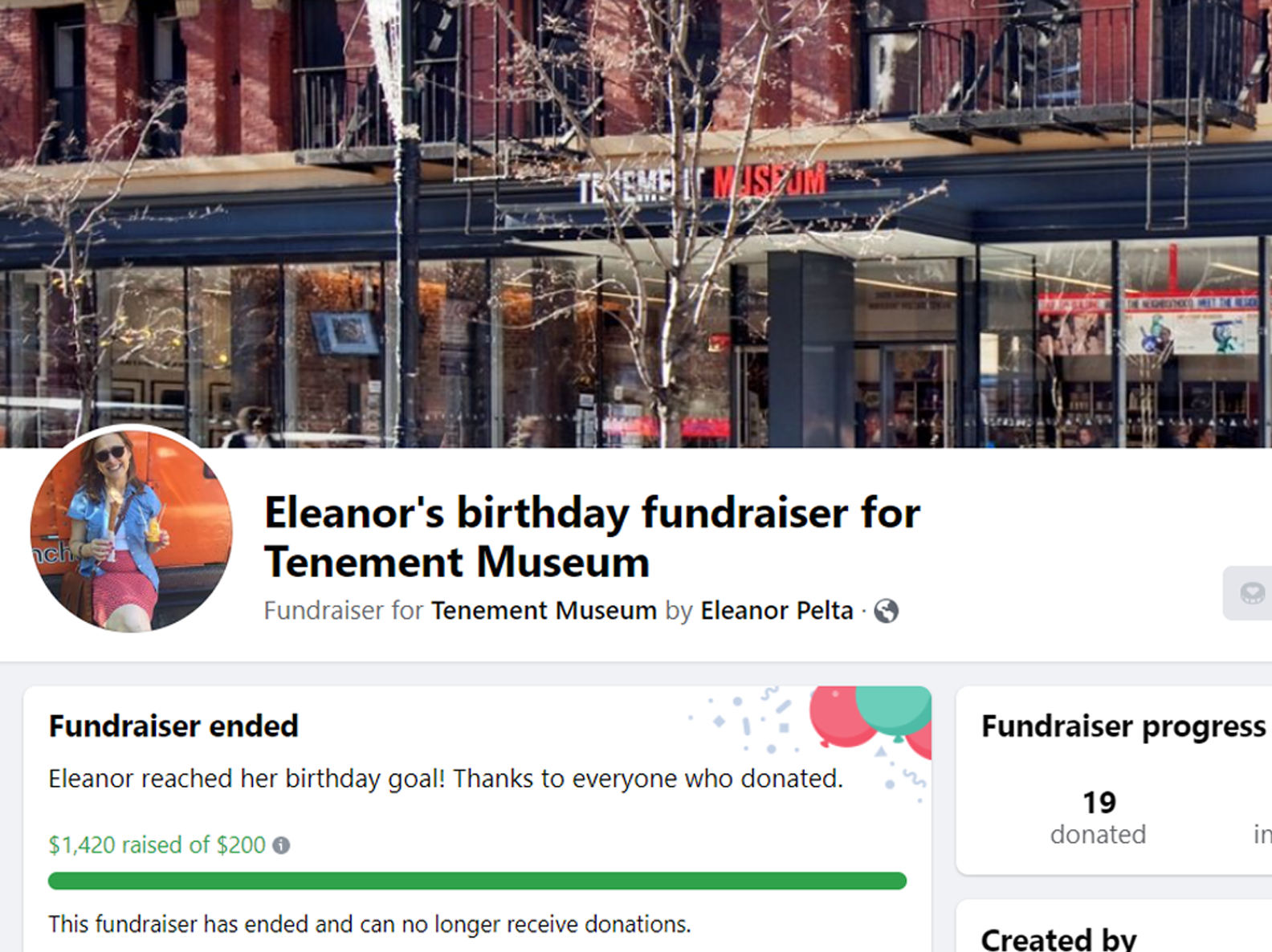 Facebook Birthday Fundraiser for Tenement Museum