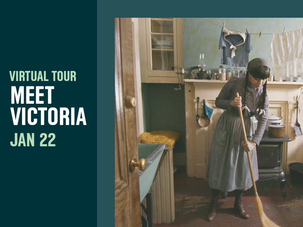 Virtual Tour Graphic: Meet Victoria. Photo of women with broom.