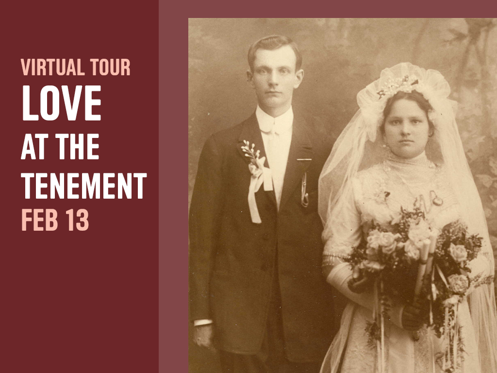 Love at the Tenement Tour Graphic with black and white portrait of bridge and groom.