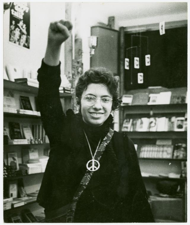 Martha Shelley in 1969 at the now defunct Oscar Wilde Memorial Bookstore formerly of the West Village. Photograph of the NYPL. 