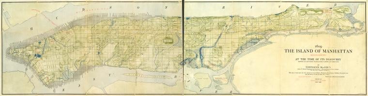 A rendering of what the island of Manhattan looked like in 1609. Image courtesy of the New York Public Library.