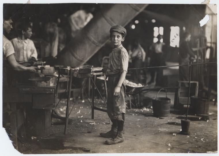 Glass factory, working at midnight. Lewis Hines. Photo courtesy of the NYPL.